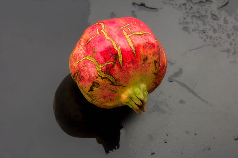 Хоризонтално изображение отблизо на плод Punica granatum с увреждане на външната обвивка, поставено върху тъмно сива повърхност.